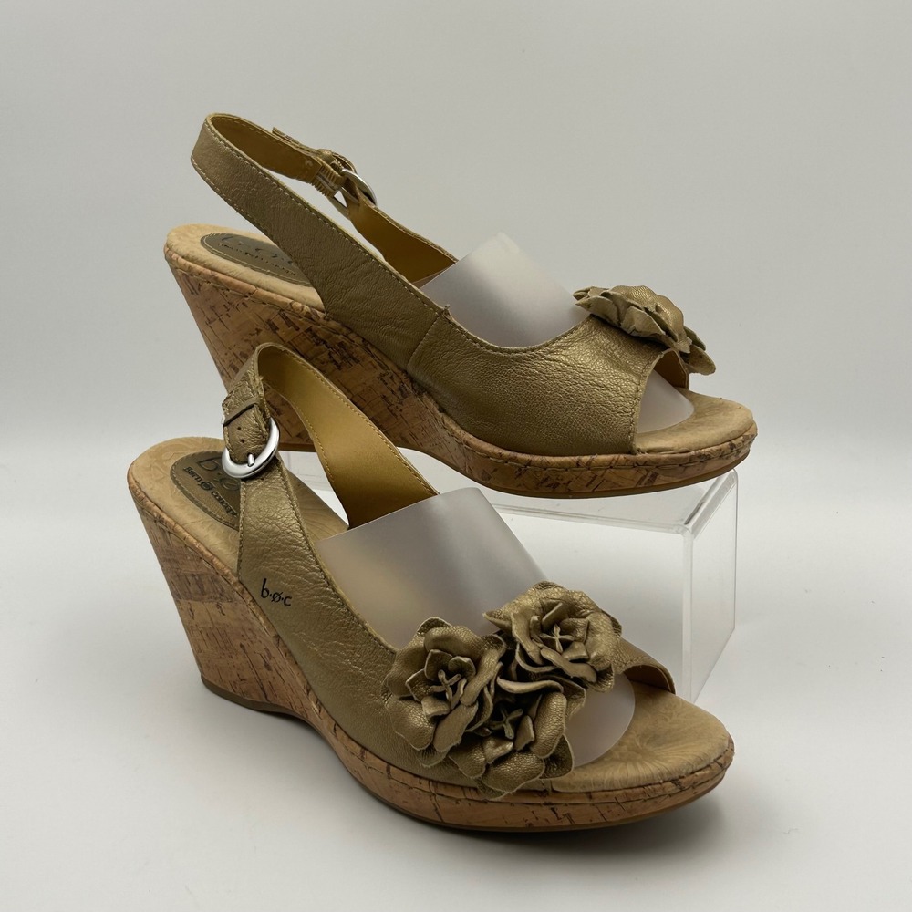 B.O.C. Born Concept Wedge Sandals Womens 10 Gold Floral Leather Cottagecore shoe